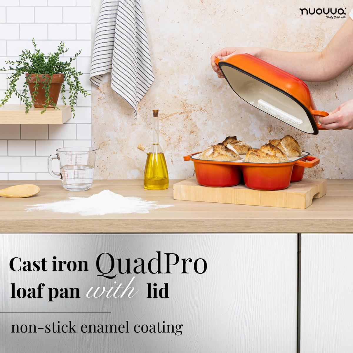 Orange cast iron QuadPro loaf pan Duct oven with lid and non-stick enamel coating for bread baking at home 