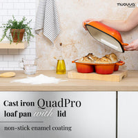 Orange cast iron QuadPro loaf pan Duct oven with lid and non-stick enamel coating for bread baking at home 
