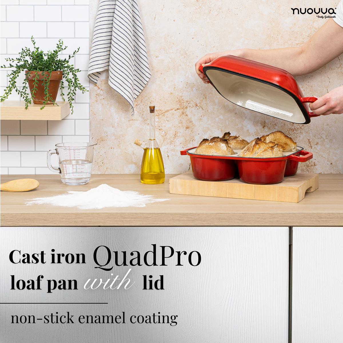 Red cast iron QuadPro loaf pan with lid on and non-stick enamel coating for easy home baking