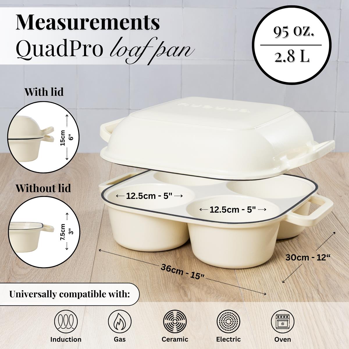Measurement chart for cream QuadPro loaf pan with dimensions and compatibility icons.