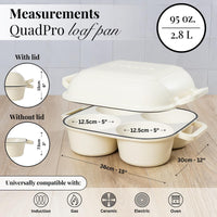 Measurement chart for cream QuadPro loaf pan with dimensions and compatibility icons.