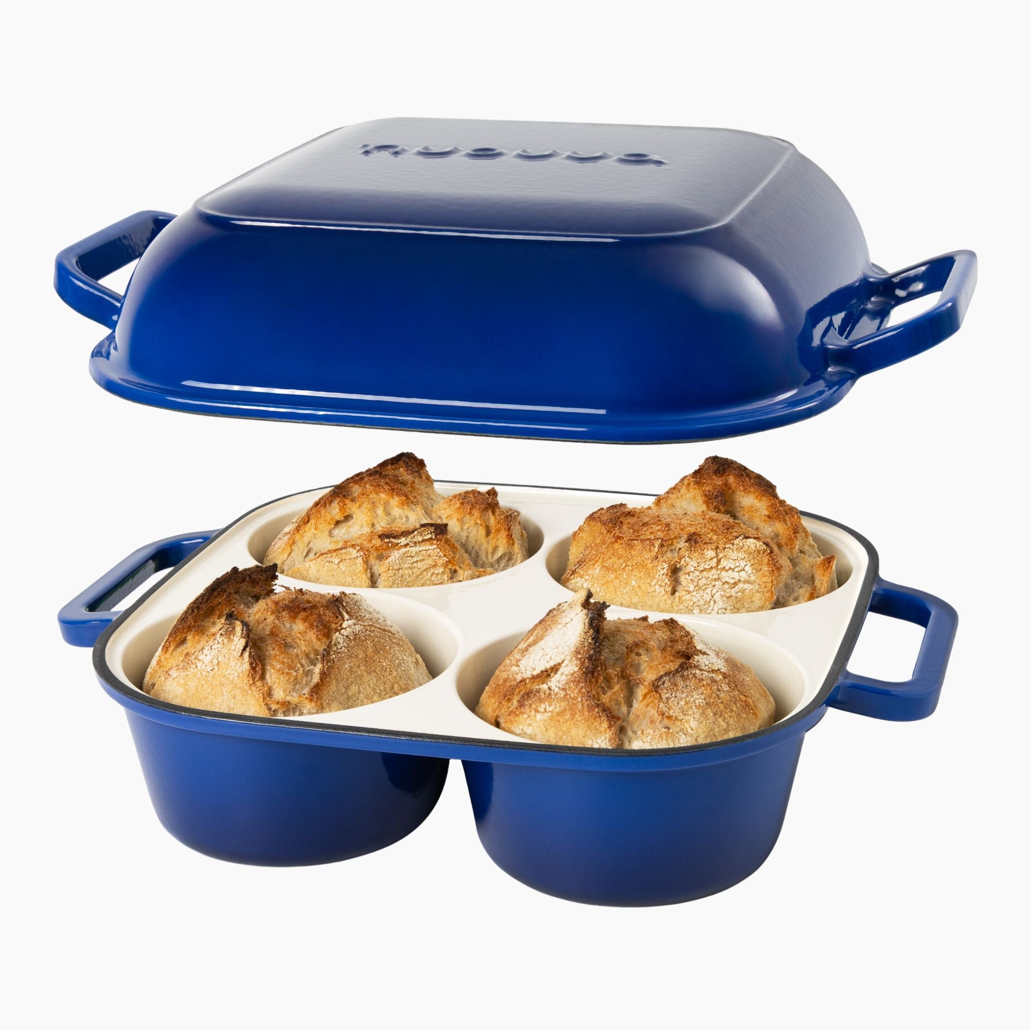 Blue cast iron bread loaf pan with 4 loaf compartments for easy bread baking at home