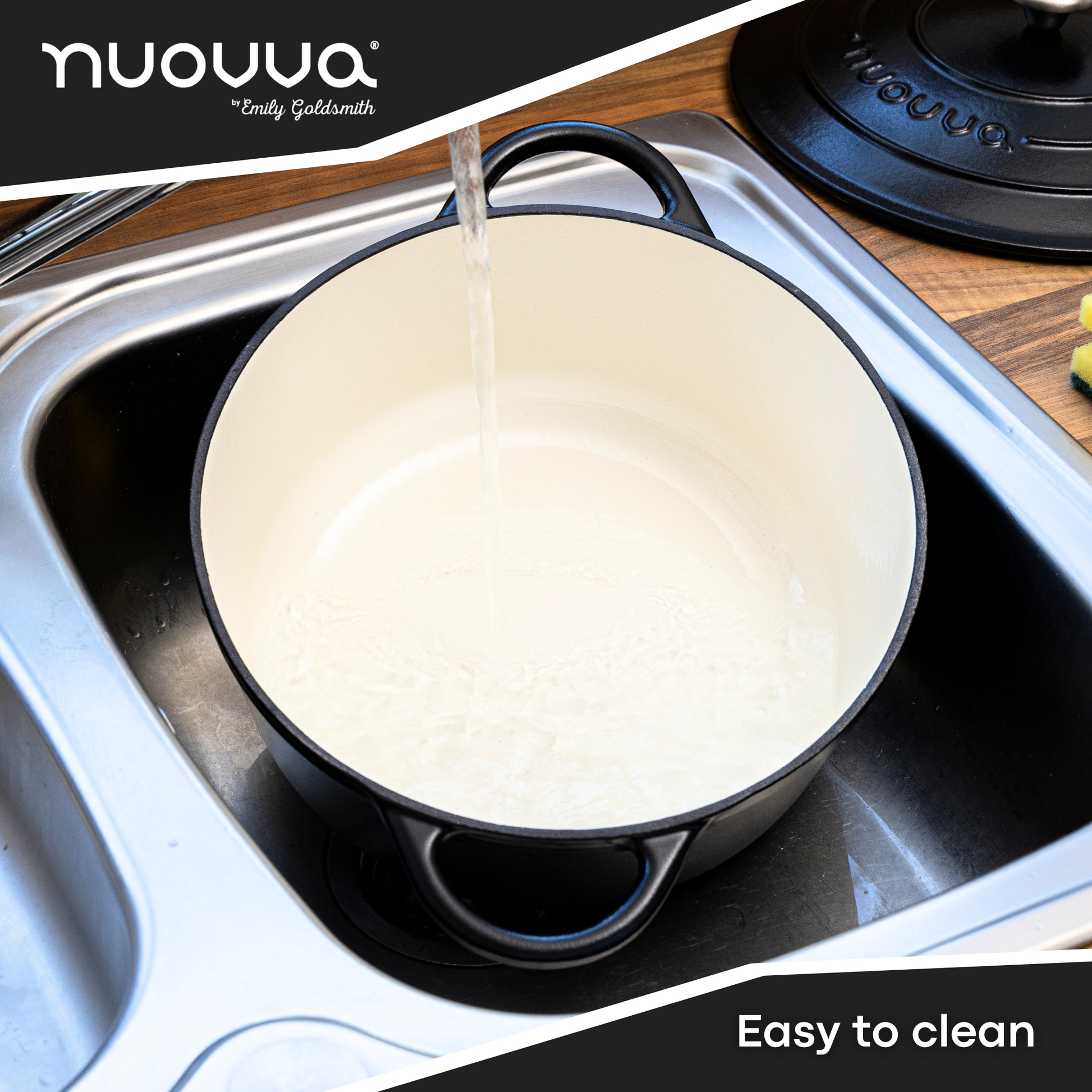 Nuovva easy to clean cast iron Dutch oven with lid and white interior. 