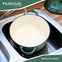 Nuovva easy to clean cast iron Dutch oven with lid and white stain free interior. 