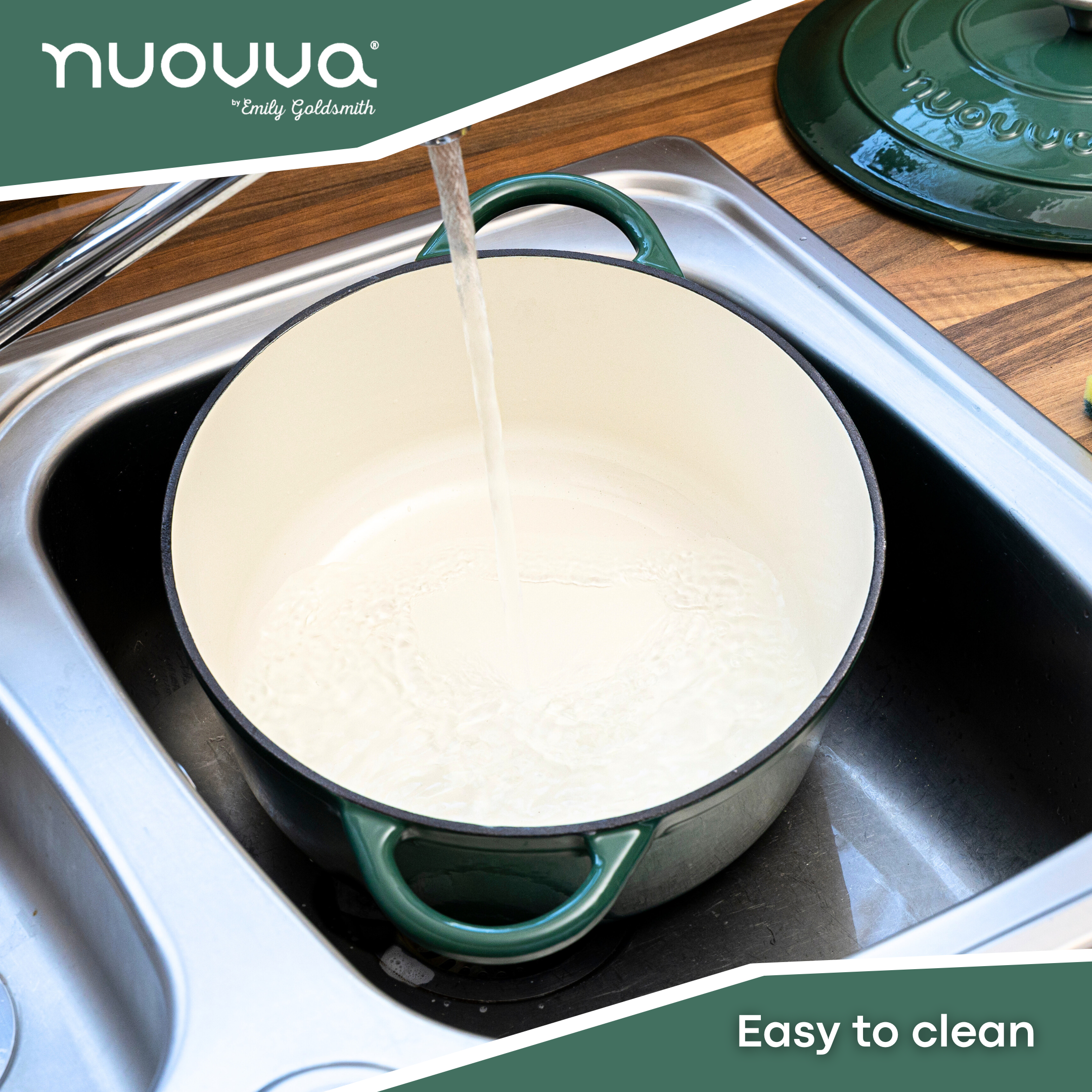 Nuovva easy to clean cast iron Dutch oven with lid and white stain free interior. 