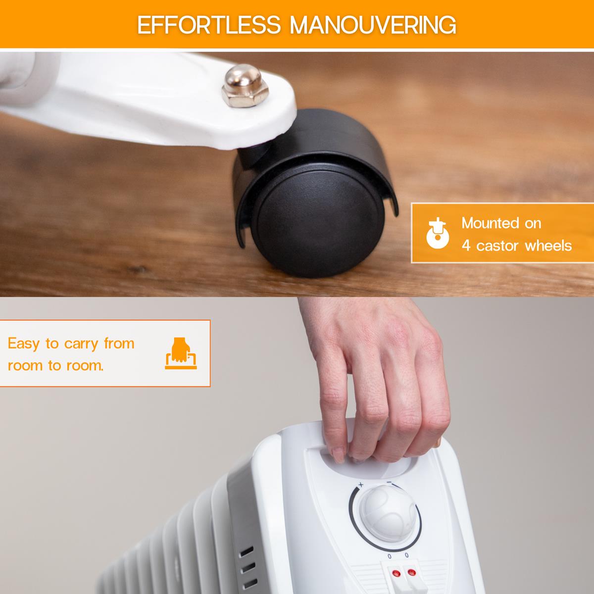 Portable heater with 4 castor wheel for effortless maneuvering and handle for home heating. 