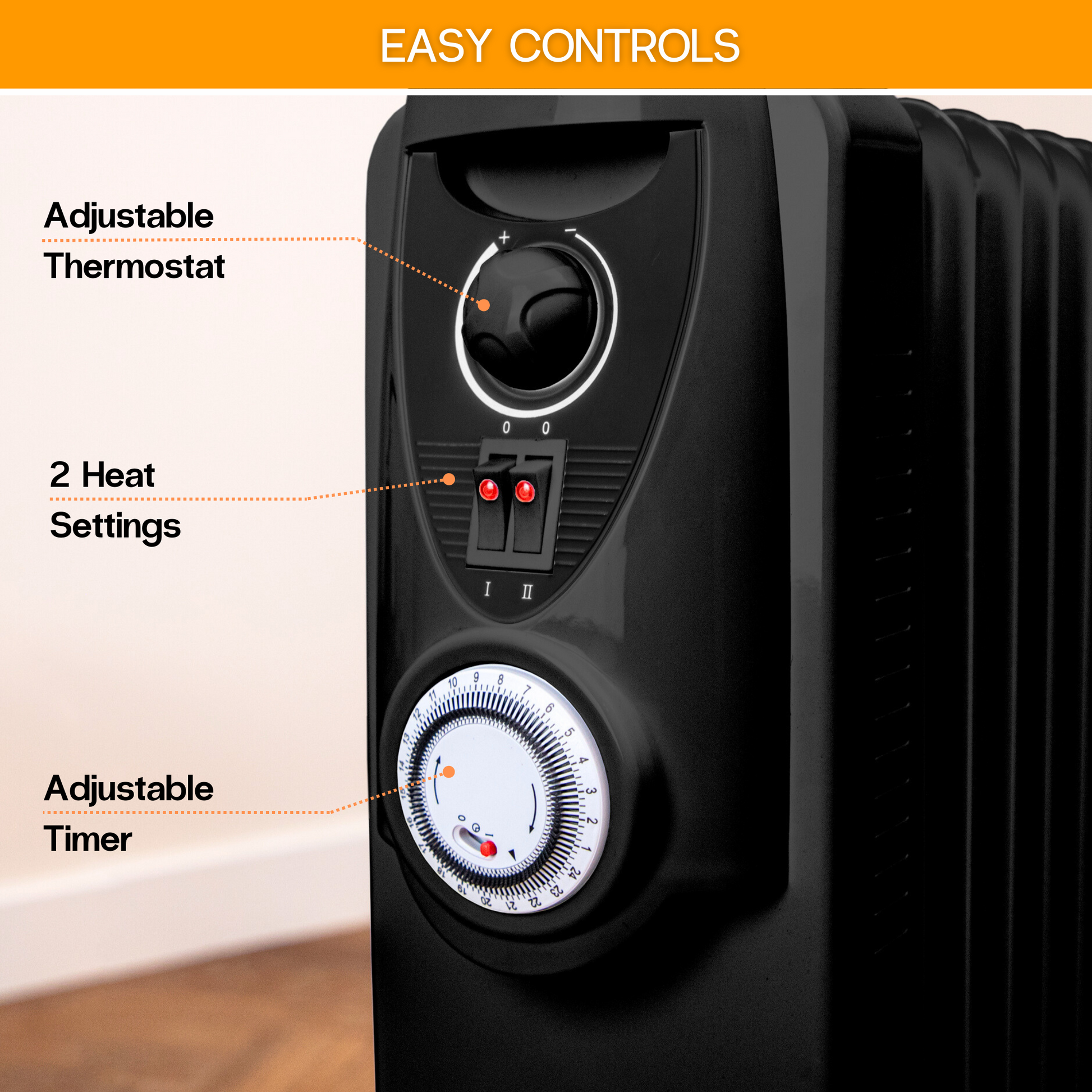 portable heater with easy controls including adjustable thermostat, 2 heat settings and an adjustable thermostat. 