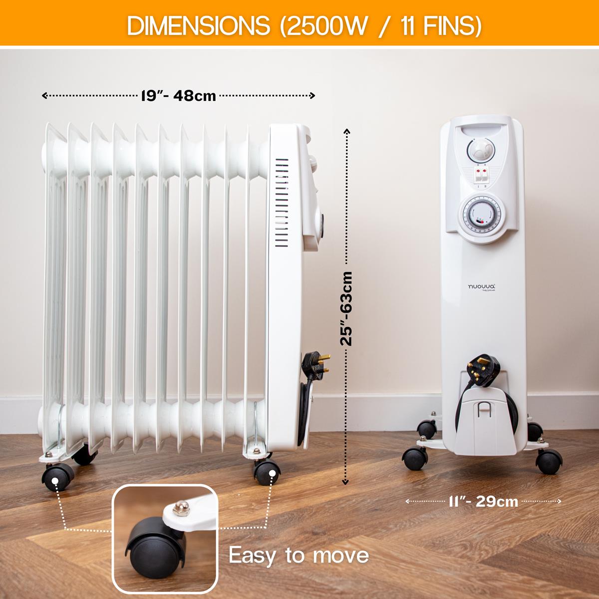 Dimensions for portable radiator heater, 48cm by 29cm. 