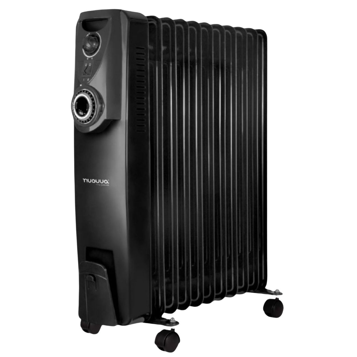 Black oil-filled portable radiator heater with adjustable controls and thermostat. 