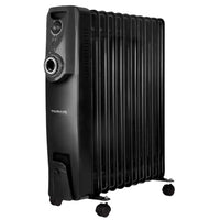 Black oil-filled portable radiator heater with adjustable controls and thermostat. 