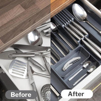 Before and after comparison of a kitchen drawer with adjustable cutlery organiser. .