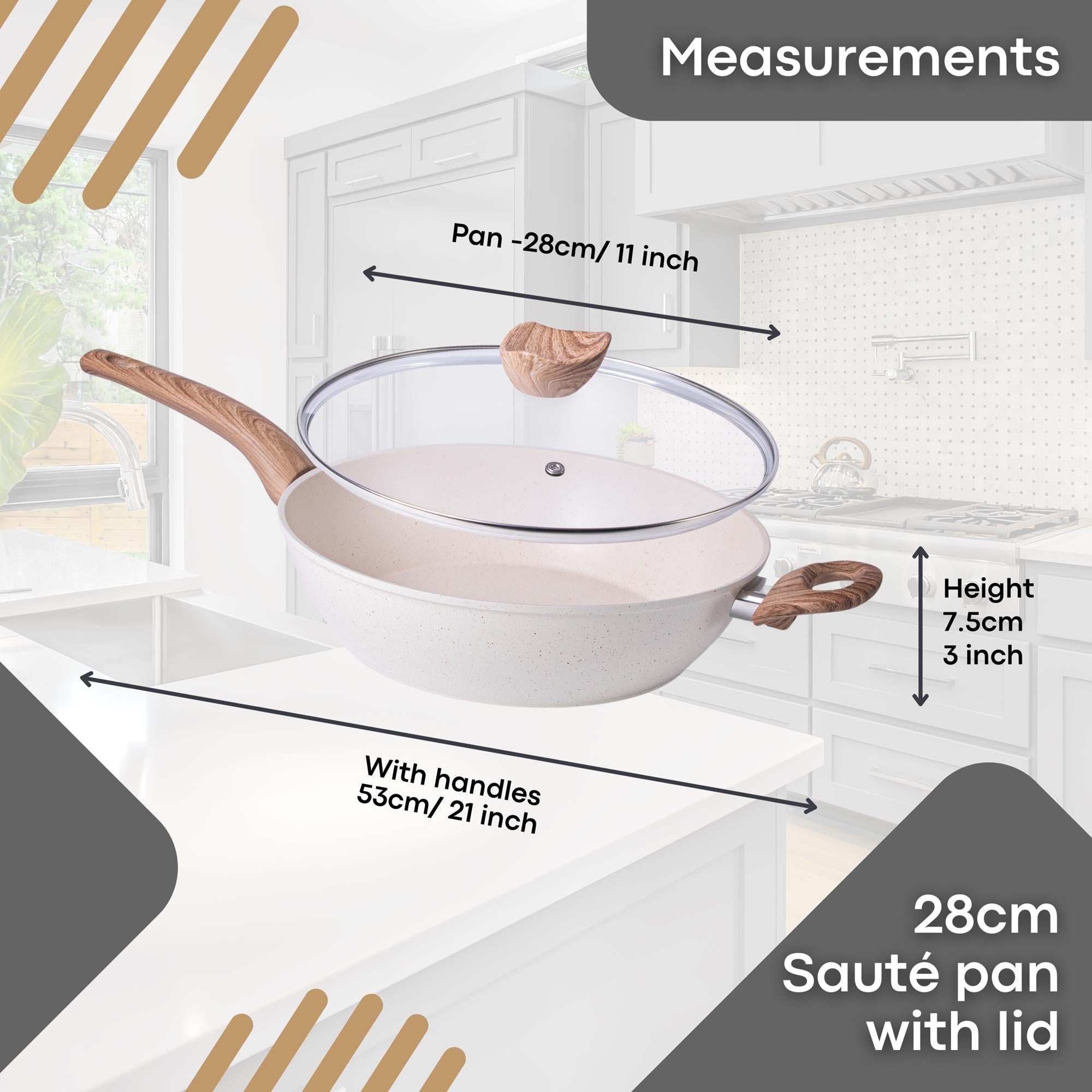 28cm cream granite sauté pan with lid on a kitchen counter with measurements displayed.