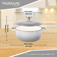 Measurement chart for a 2L grey cast iron pot with lid on a wooden surface.