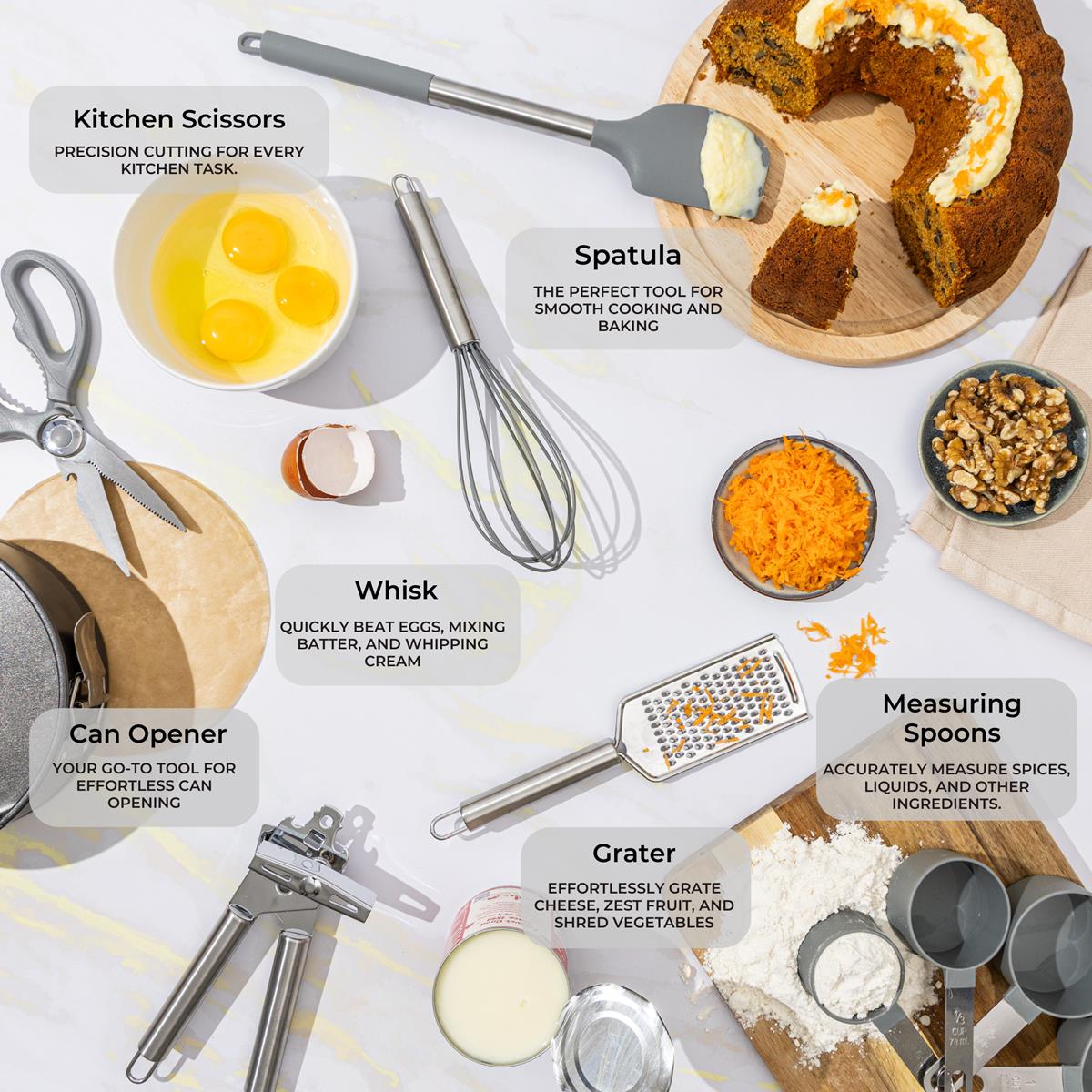 36pcs silicone utensil set includes kitchen scissors, spatula, whisk, can opener, grater & measuring spoons.