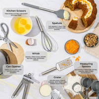 36pcs silicone utensil set includes kitchen scissors, spatula, whisk, can opener, grater & measuring spoons.