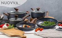 Nuovva grey granite cookware set with glass lids and wooden handles