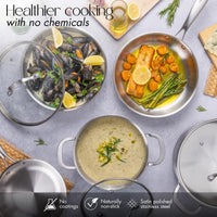 Cook healthier with nuovva stainless steel cookware with no coating and naturally non-stick satin polished stainless steel exterior