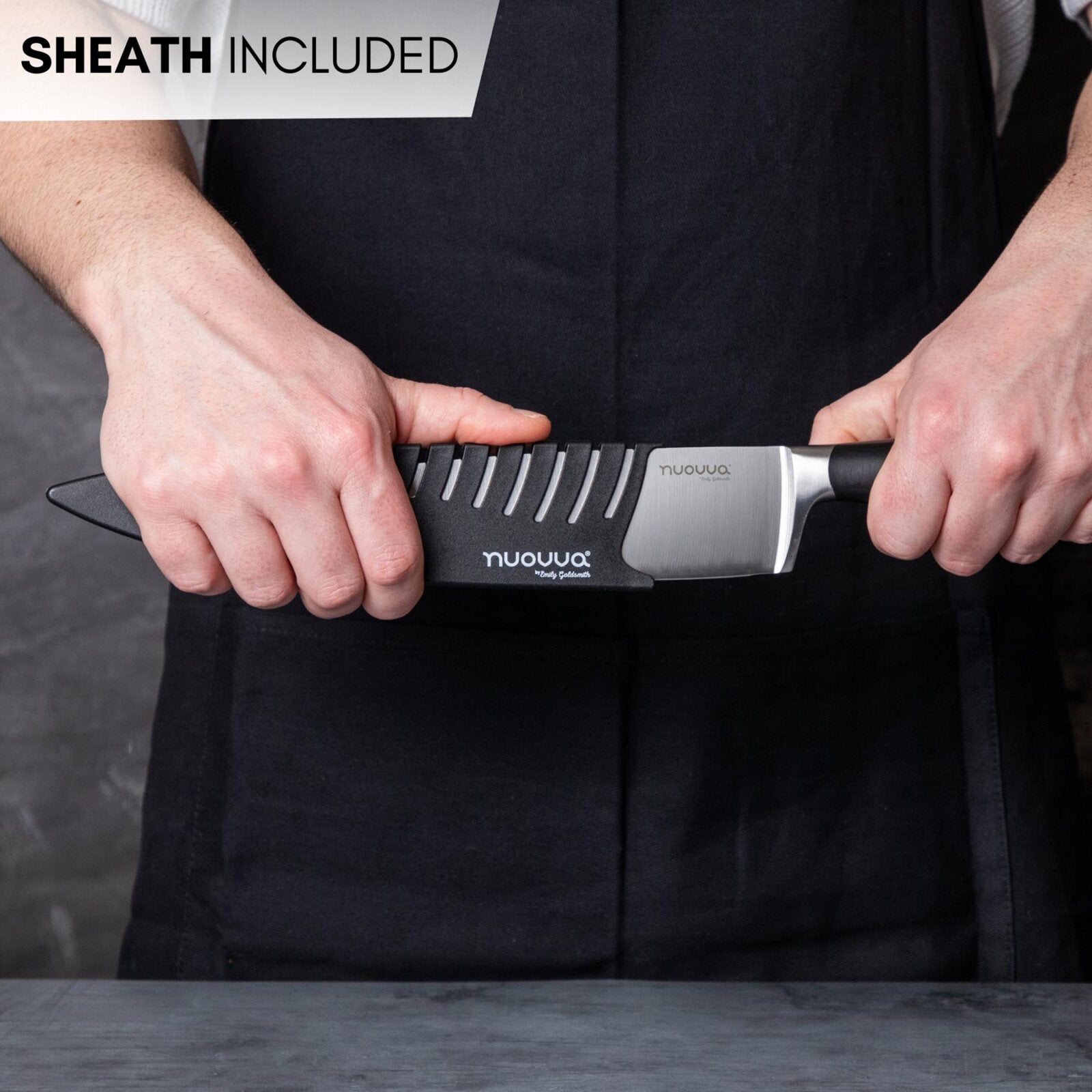 Nuovva stainless steel kitchen knife with protection sheath included. 