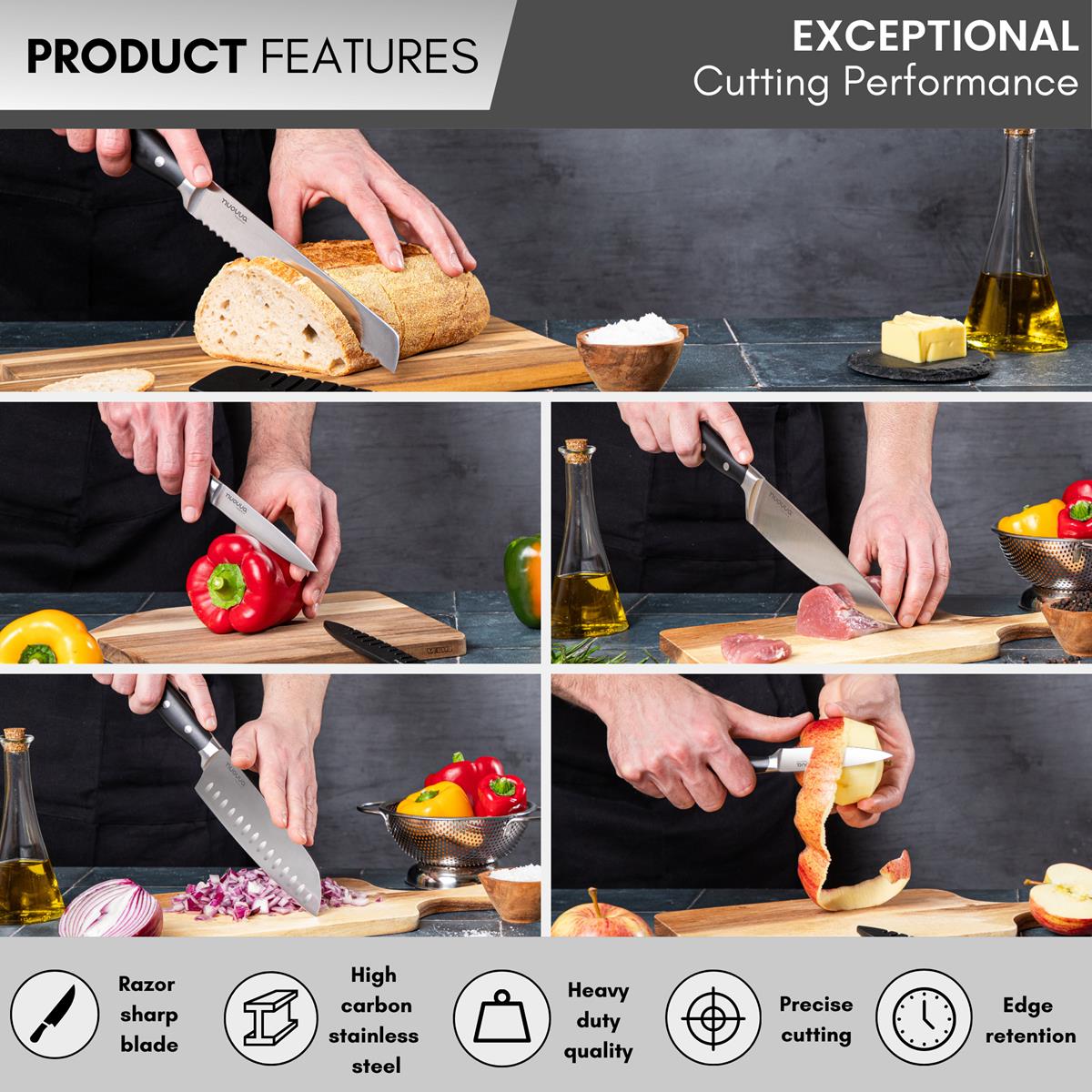Nuovva razor sharp stainless steel kitchen knife set include bread knife, santoku knife, chefs knife, paring knife and utility knife 
