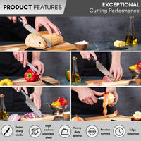 Nuovva razor sharp stainless steel kitchen knife set include bread knife, santoku knife, chefs knife, paring knife and utility knife 