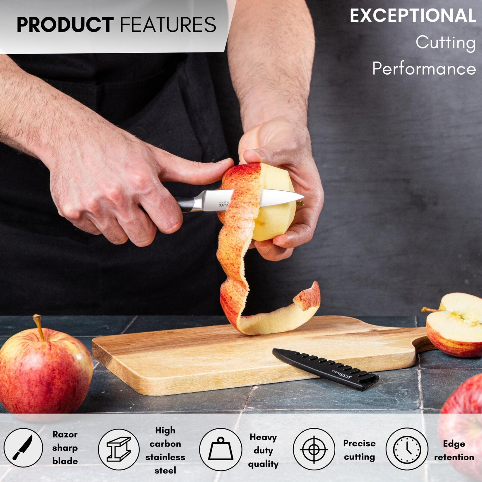 Nuovva high carbon stainless steel kitchen knife with edge retention for exceptional cutting performance 