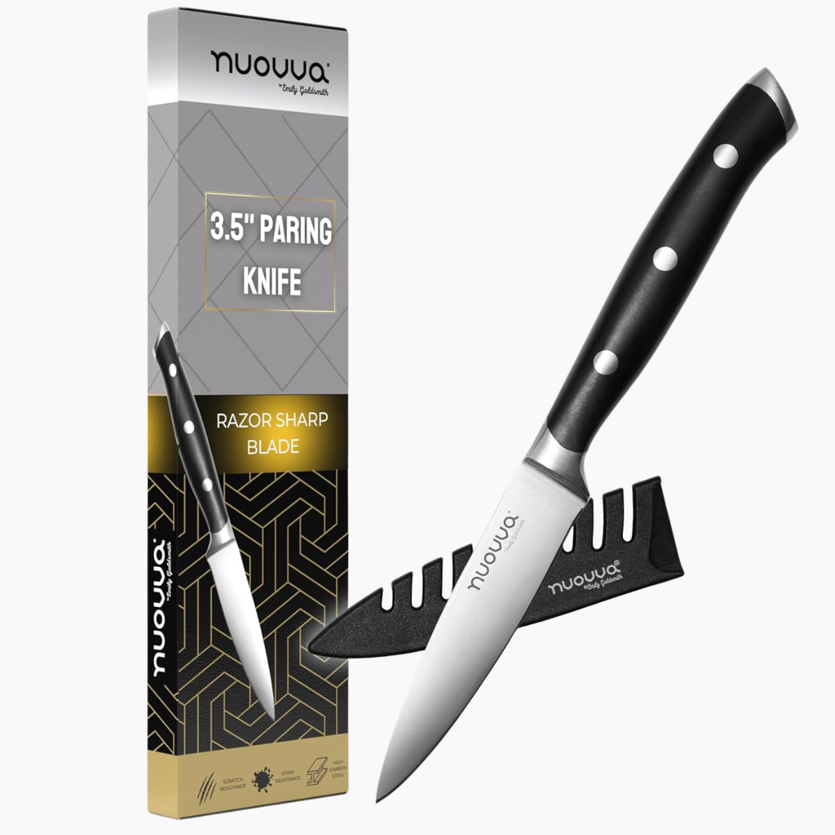 Nuovva stainless steel paring knife with black handle and protective sheath next to its packaging