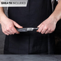 Nuovva stainless steel kitchen knife with protective sheath. 