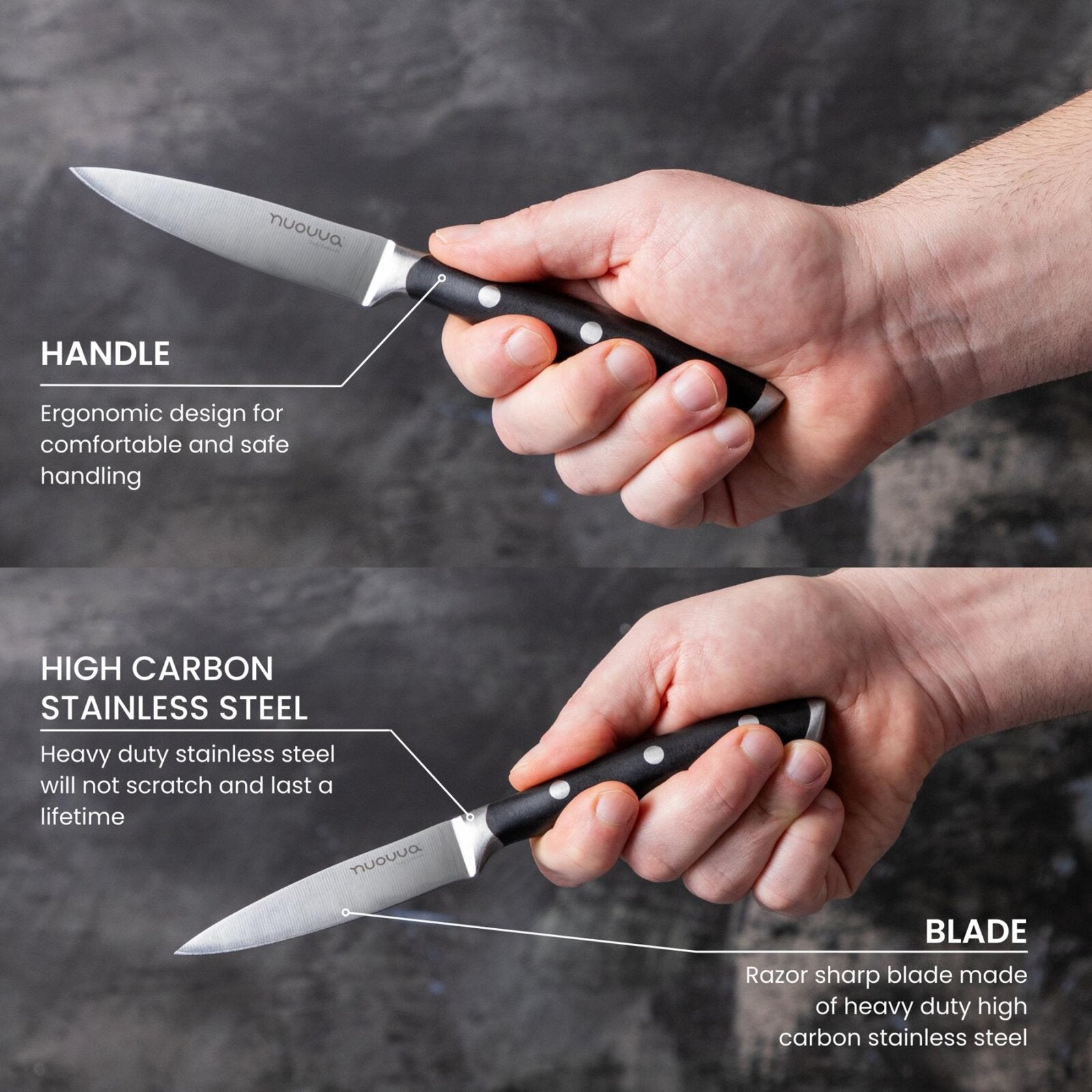 Nuovva high carbon stainless steel paring knife with razor sharp blade and ergonomic handle. 