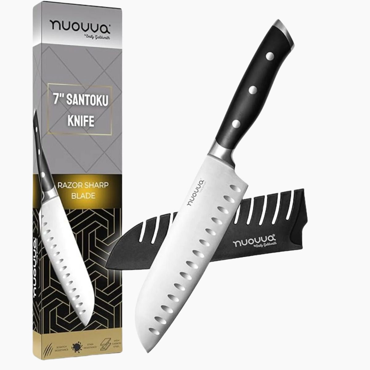 Nuovva 7" santoku knife with stainless steel blade and protective sheath
