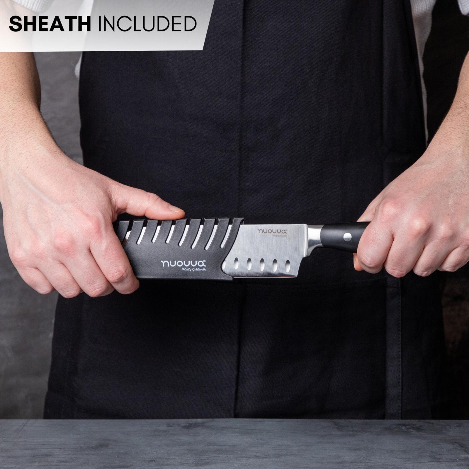 nuovva stainless steel kitchen knife with protective sheath and ergonomic handle