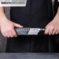 nuovva stainless steel kitchen knife with protective sheath and ergonomic handle