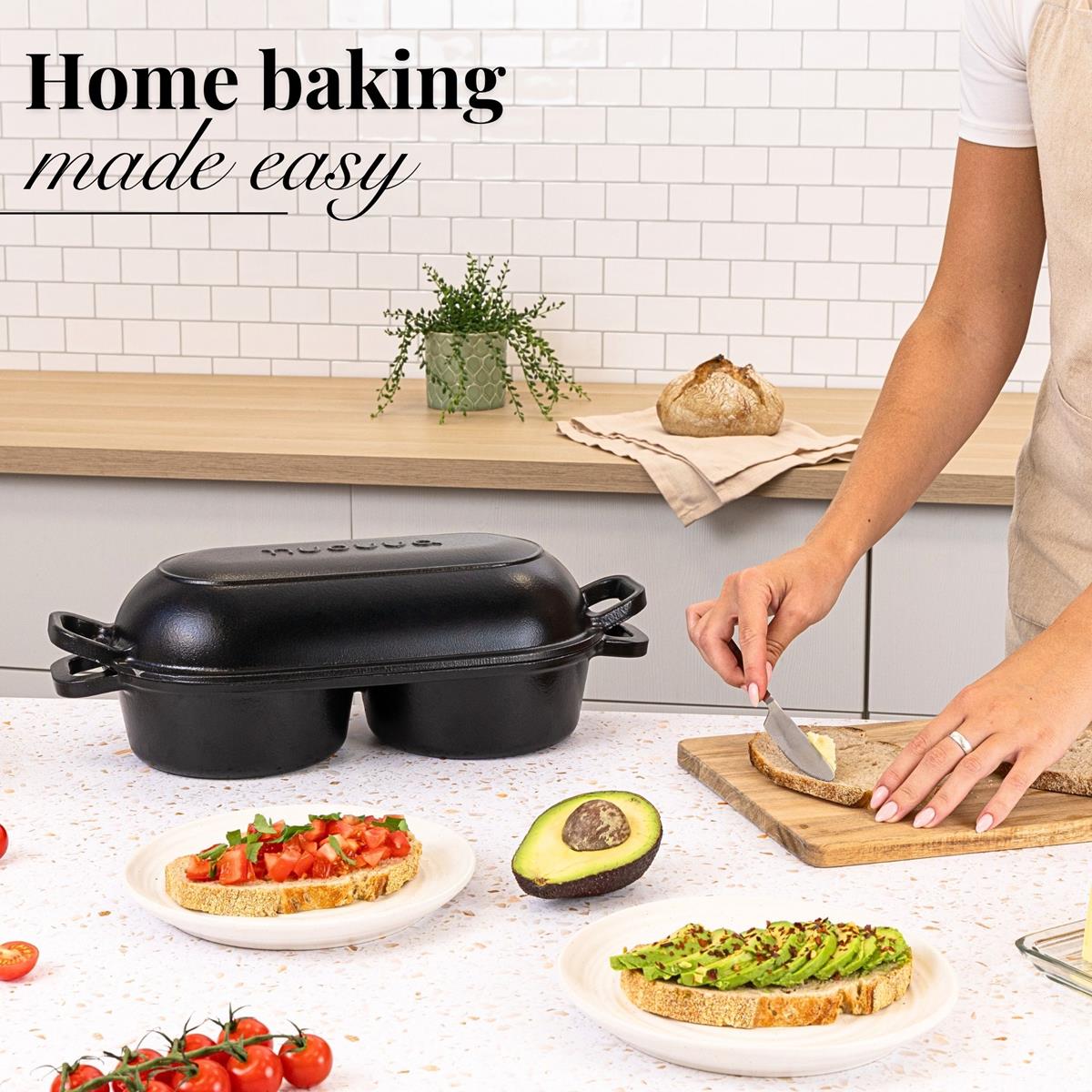 Home baking made easy with nuovva cast iron double loaf pan with lid for sourdough baking