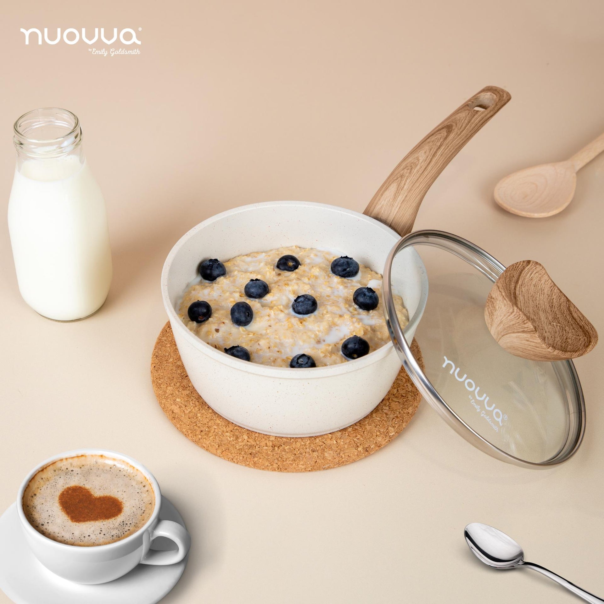 Non-Stick Saucepan with Lid Induction compatible - 16cm - Cream Granite