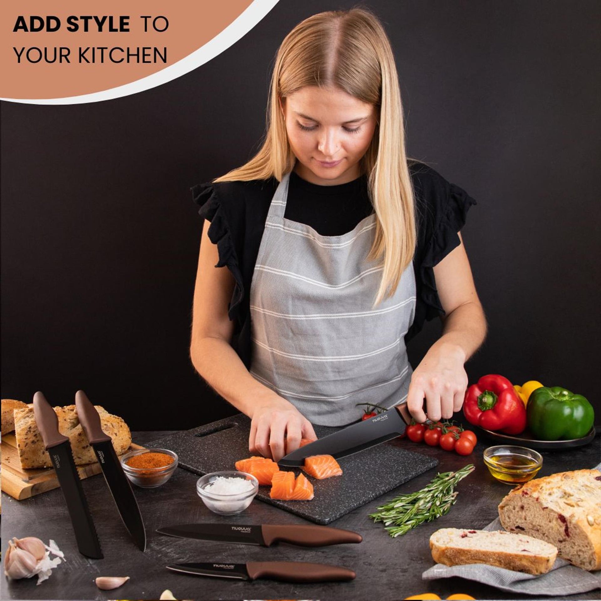 5-Piece Kitchen Knife Set – Chef, Filleting, Bread, Paring, Utility - Non-Stick - Copper