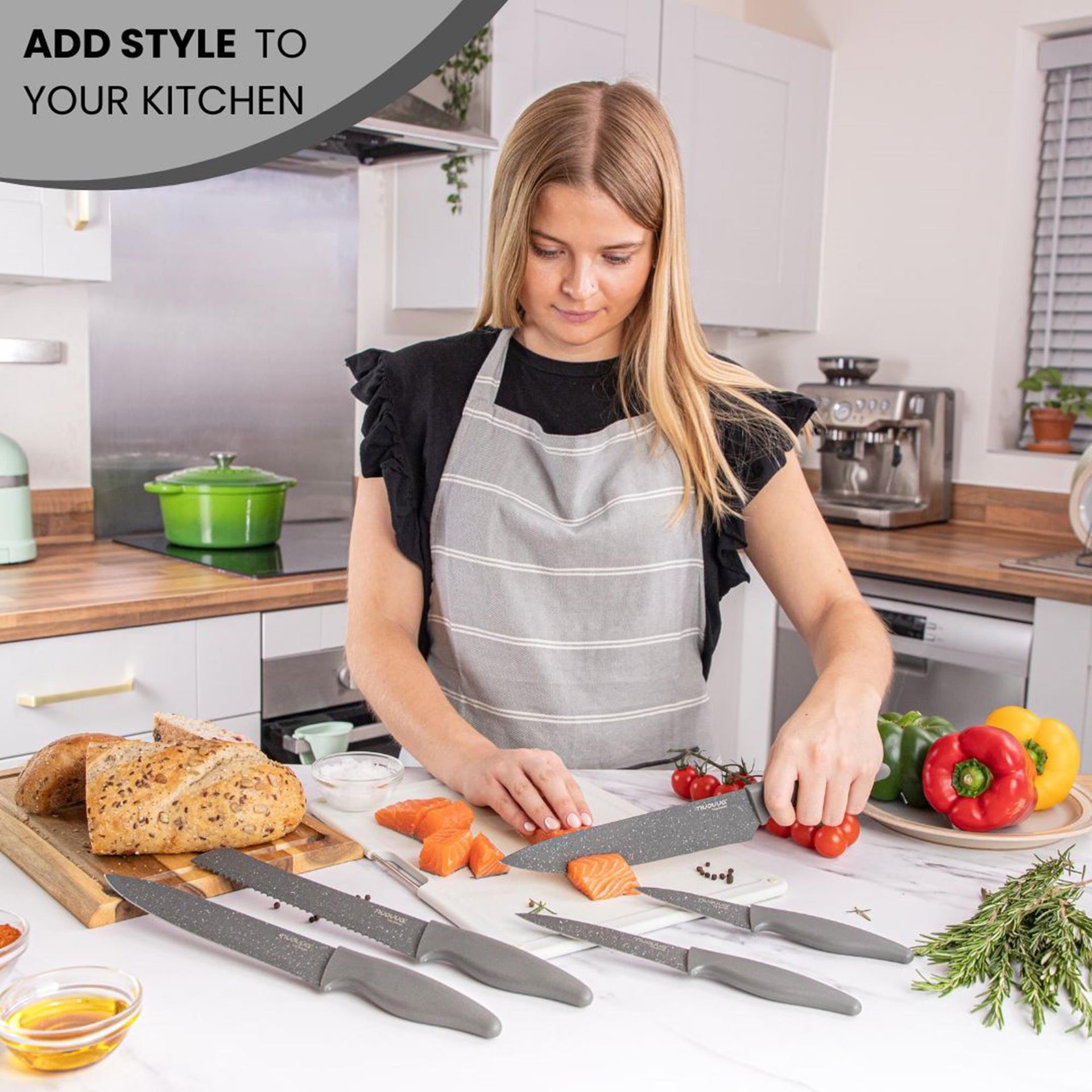 5-Piece Kitchen Knife Set – Chef, Filleting, Bread, Paring, Utility - Non-Stick - Grey Granite
