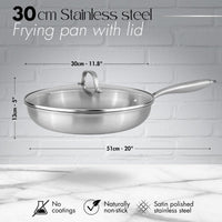 Measurements for the 30cm stainless steel frying pan with lid - no coating, non-stick cookware