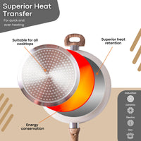 Cream granite sauté pan with superior heat retention and induction base for quick and even heating.