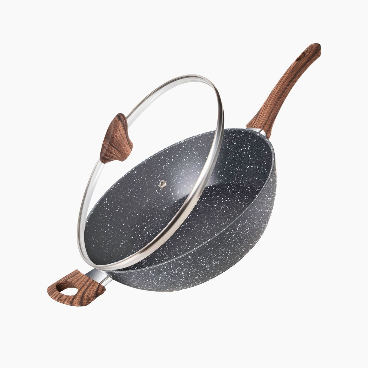 Marble non-stick sauté pan with glass lid and wooden handles