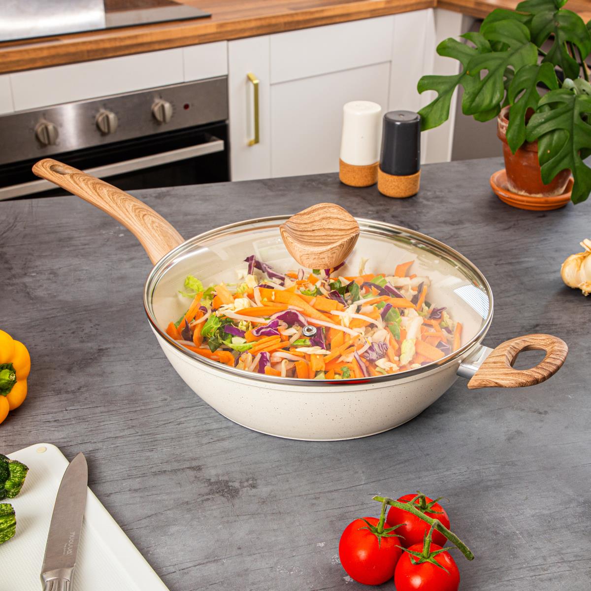 Induction Non-Stick Sauté Pan with Lid - 28cm - Cream Granite