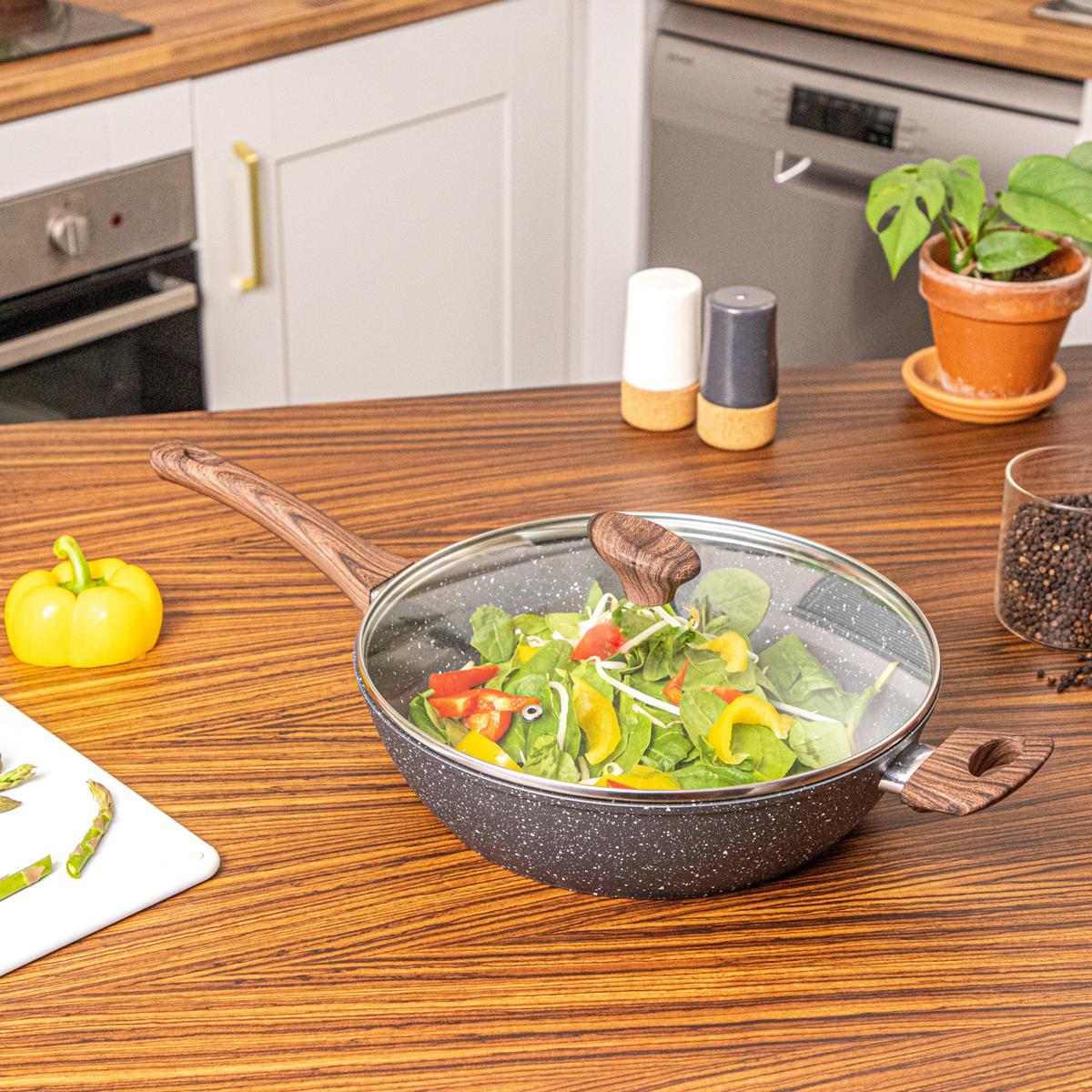 Induction Non-Stick Sauté Pan with Lid - 28cm - Grey Granite