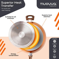 Induction cookware with heat transfer and retention features highlighted.