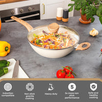 Induction sauté pan with non-stick granite coating for safe and healthy cooking. 