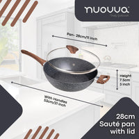 28cm granite sauté pan with lid on a kitchen counter with measurements.