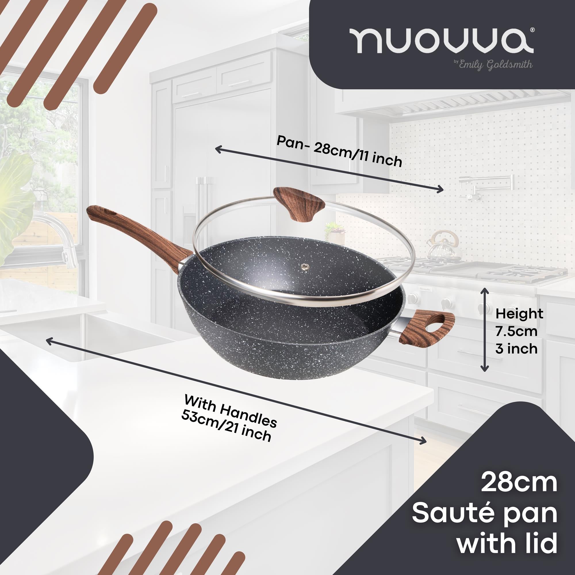 28cm granite sauté pan with lid on a kitchen counter with measurements.