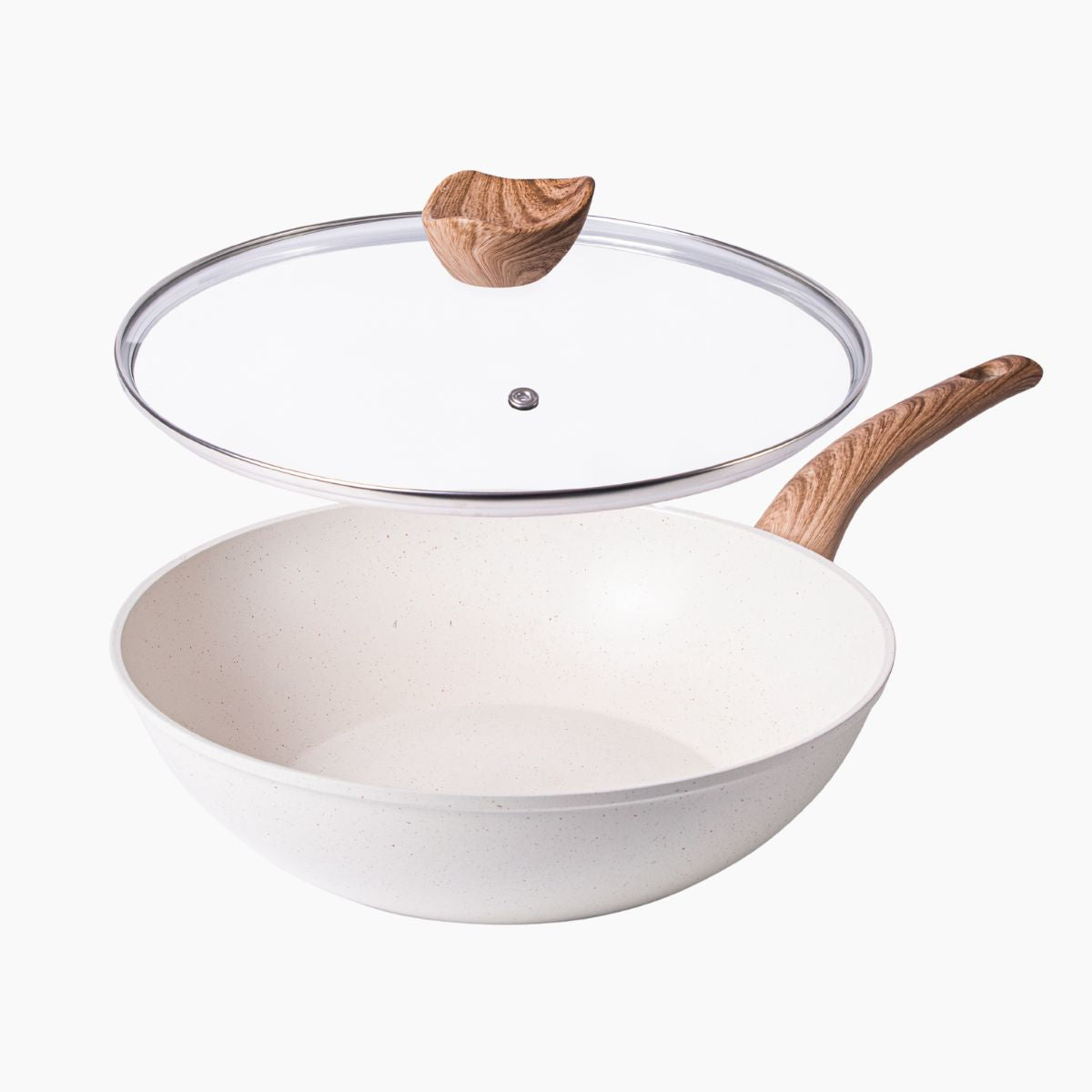 Nuovva cream granite wok frying pan with glass lid and wooden handles