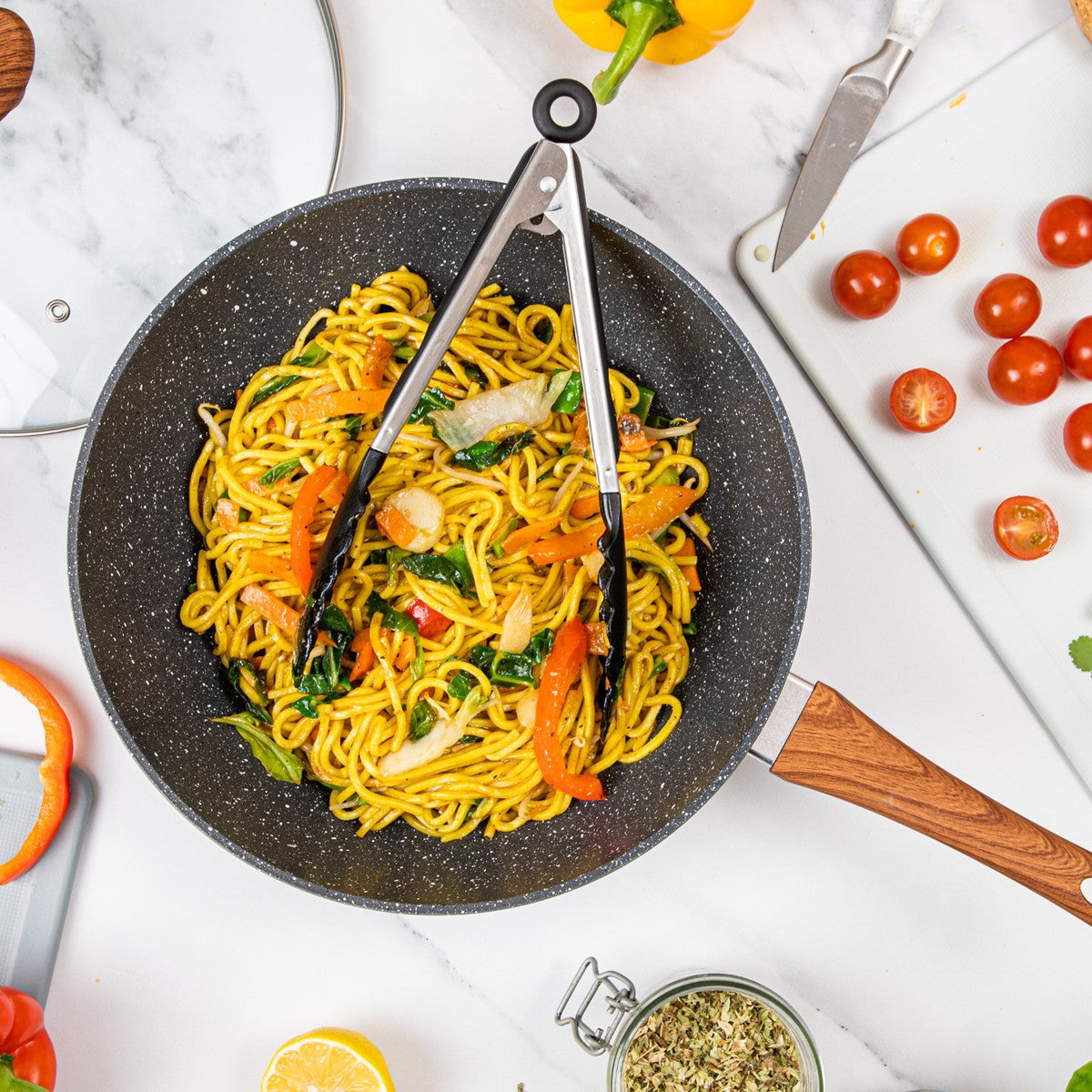 Nuovva grey marble granite wok pan with wooden handles 