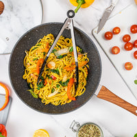 Nuovva grey marble granite wok pan with wooden handles 