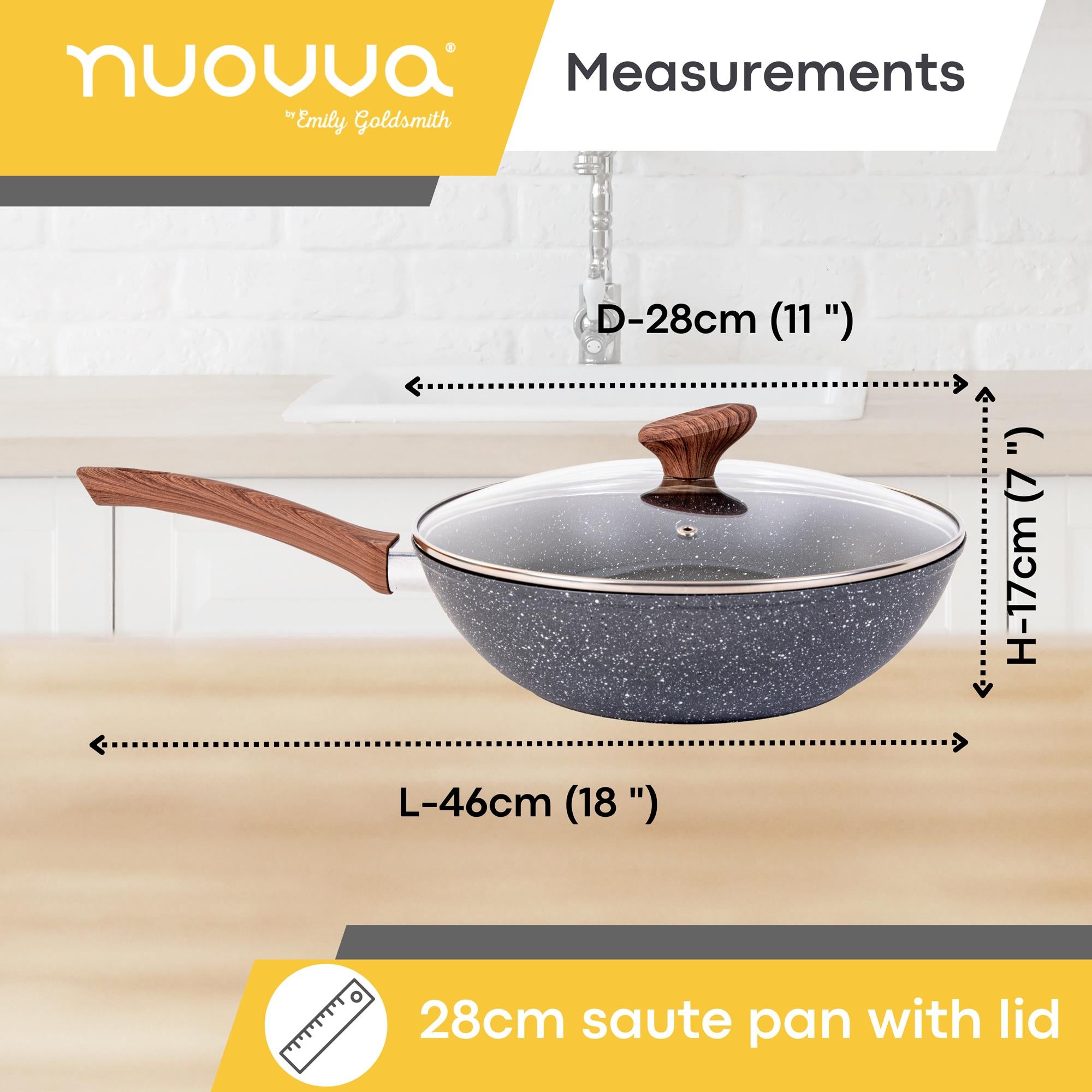 Nuovva 28cm sauté pan with glass lid - infographics. 