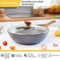 Nuovva granite non-stick sauté pan with non-stick granite coating and induction compatible capabilities.
