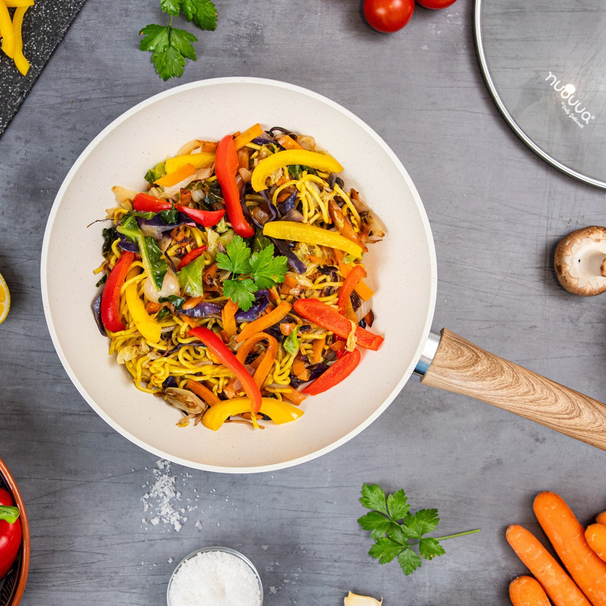 Nuovva cream granite wok pan for sautéing and frying